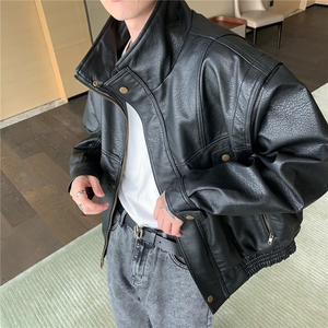 痞帅Pu皮衣小众设计感潮牌双拉链垫肩皮夹克男机车服秋冬高街外套