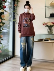 慵懒风时尚休闲运动套装女春新款连帽刺绣卡通上衣牛仔长裤两件套，女装套装/套裙，江南
