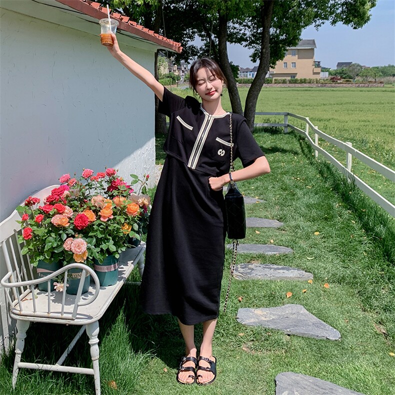 撞色假两件圆领连衣裙女2025夏季淡人法式设计感黑色半拉链A字裙,女装连衣裙,2C129