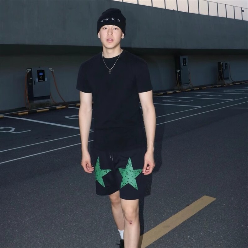 美式高街五角星短裤子女夏季薄款宽松休闲运动阔腿五分中裤潮ins,男装牛仔裤,星座1210-1