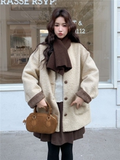 韩系针织围巾小香风羽绒服女2025冬季高级感白鸭绒内胆羊羔毛外套，女装羽绒服，艾米莉亚