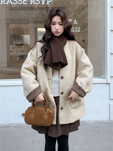 韩系针织围巾小香风羽绒服女2025冬季高级感白鸭绒内胆羊羔毛外套图片