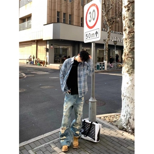 散养文化美式复古慵懒风格子衬衫，XZ1005-1-TTH0011-批价50控68图片