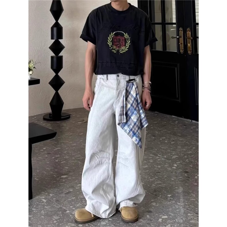 白色方巾可拆弯刀牛仔裤男美式复古拉链设计感镰刀裤宽松阔腿裤子,男装牛仔裤,星座1210-1