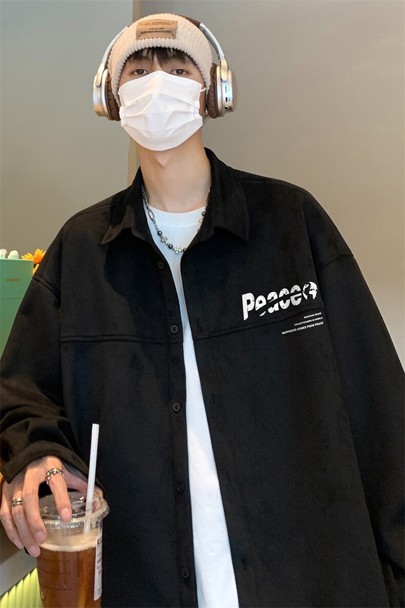 港风新款秋季时尚百搭宽松翻领字母印花衬衫外套S6701P55控78,男装衬衫,电商A268A