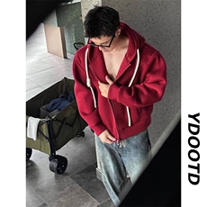 1506-1/WF011/P52美式复古编织绳连帽红色卫衣开衫外套潮牌男女，女装短外套，星座1506-1