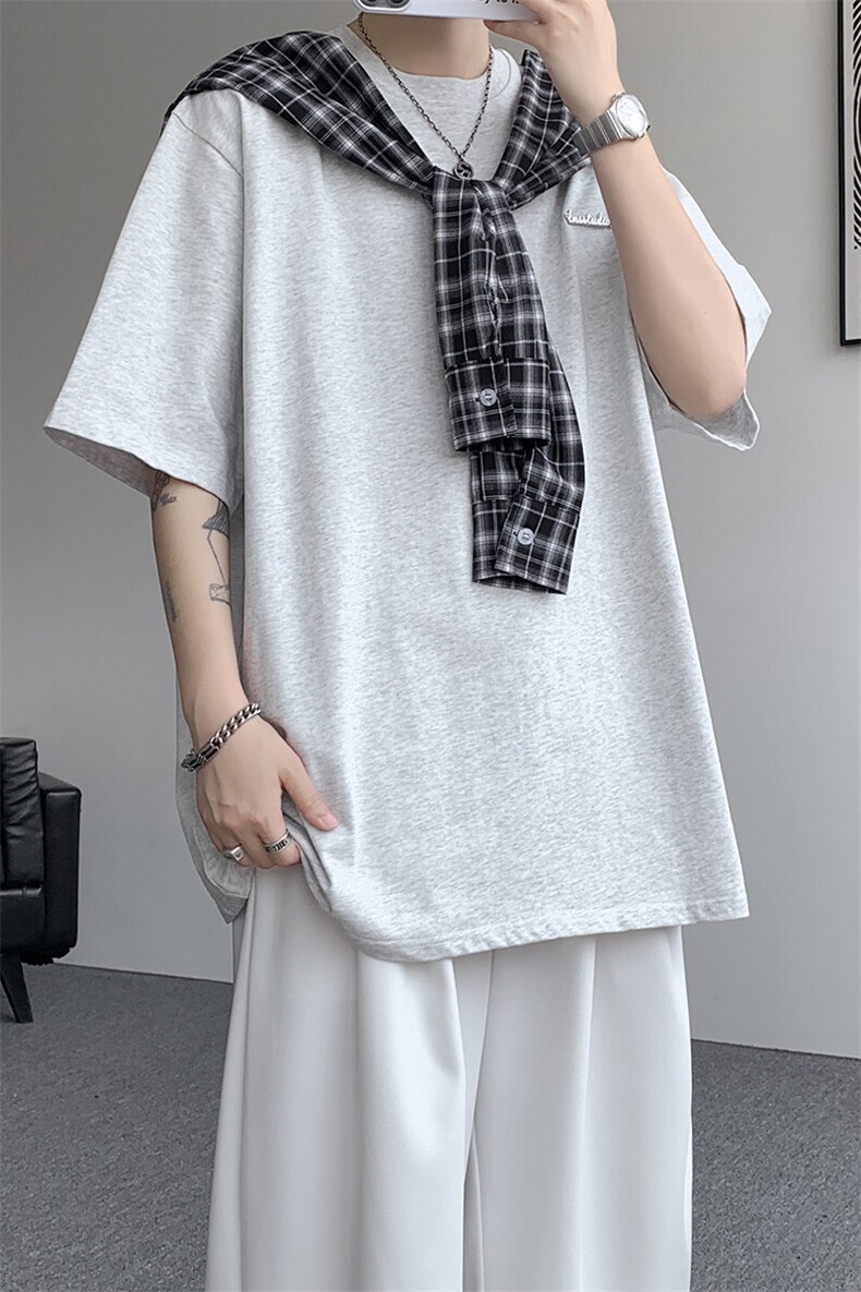 8XL-M潮情侣美式拼接打结格子假两件短袖宽松纯棉T恤男DX338,男装T恤,电商D206-1