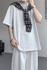 8XL-M潮情侣美式拼接打结格子假两件短袖宽松纯棉T恤男DX338，男装T恤，电商D206-1
