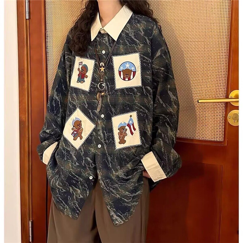 春夏美式复古格子衬衫小熊贴布绣长袖衬衫休闲衬衣上衣3026-P42,男装衬衫,星座1001-1