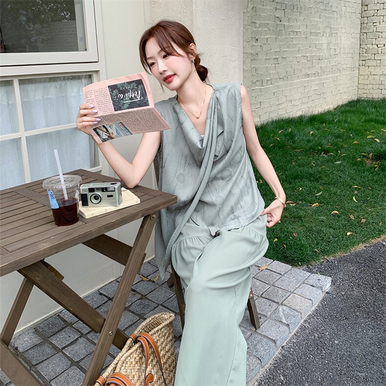 气质松弛感休闲套装女2025年夏季新款荡领背心阔腿裤高级感两件套,女装套装/套裙,2C169