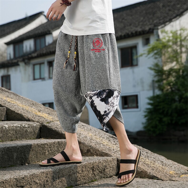 夏装风刺绣拼接九分裤大码男装加肥加大码胖子棉麻裤,男装休闲裤,星座909-2（原星座717-2）
