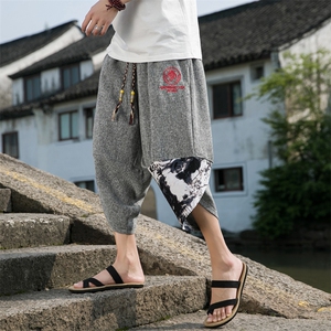 夏装风刺绣拼接九分裤大码男装加肥加大码胖子棉麻裤图片