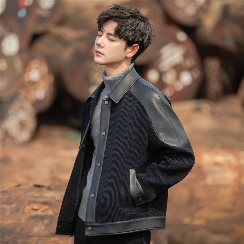 2026年新款翻领春秋季PU皮拼接皮衣高级感痞帅夹克外套3076-P195,男装夹克,电商A355（原A415）