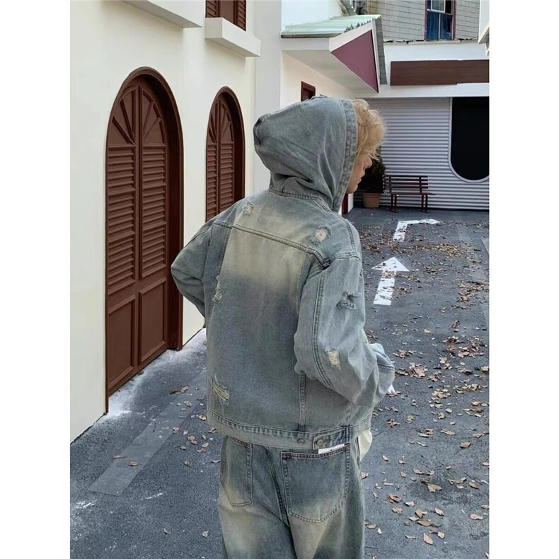 美式复古拉链破洞连帽牛仔外套男款潮流宽松百搭水洗做旧夹克上衣,男装夹克,星座506A
