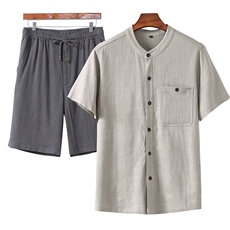 主推款男装中老年亚麻立领短袖T恤短裤套装中年棉麻休闲大码短袖，男装中老年男装，钱塘723