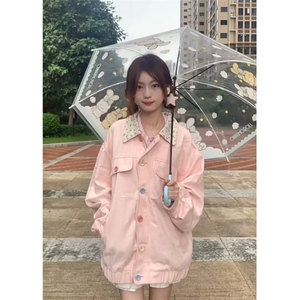 粉色碎花撞色翻领外套女春秋2025新款宽松甜美可爱设计感小众夹克图片