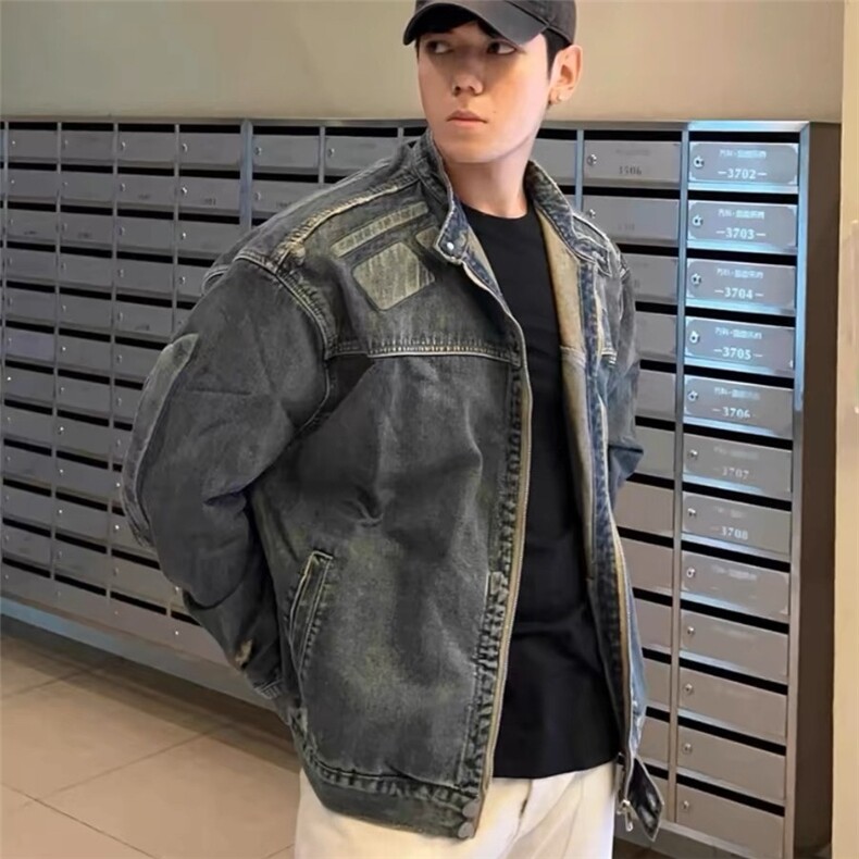 美拉德潮牌复古水洗做旧牛仔外套男女高街百搭浮雕异形机甲夹克秋,男装工装外套,星座1210-1