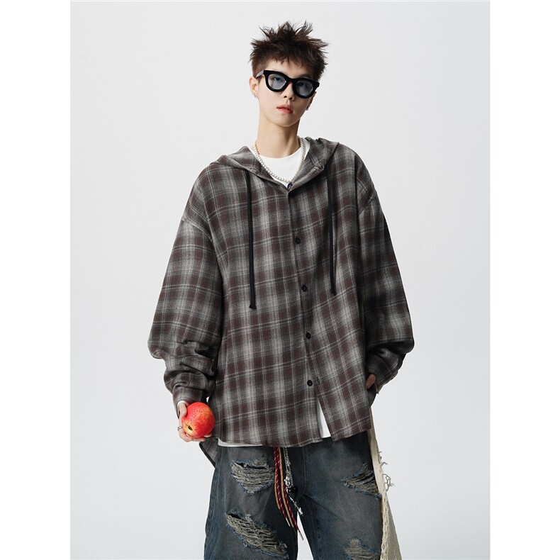 美式复古格子衬衫男设计感连帽衬衣高街休闲百搭情侣外套501特P40，男装衬衫，星座710