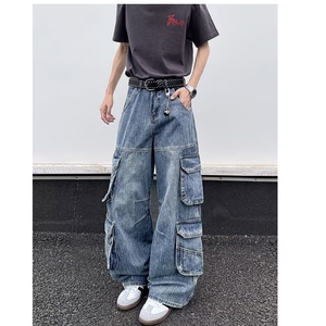 美式复古多口袋工装牛仔裤女夏季高街设计感直筒宽松显瘦阔腿裤子