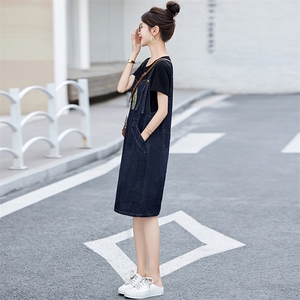 假两件拼接牛仔连衣裙女小个子新款夏季短袖圆领时髦国风背带裙子图片