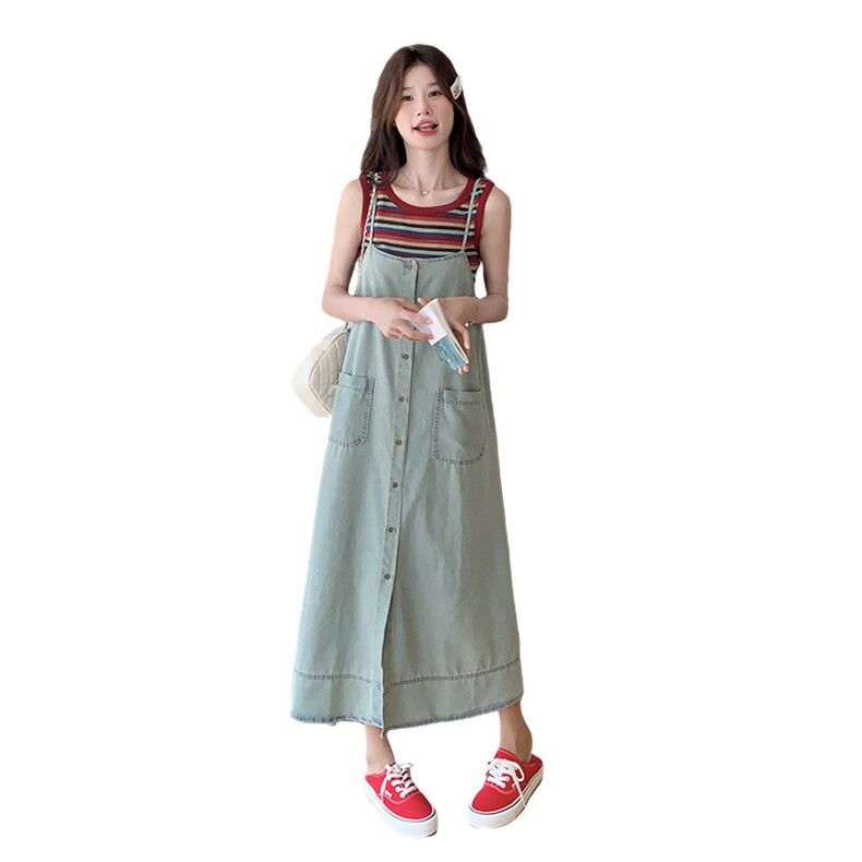 彩色条纹背心T恤牛仔背带裙女夏季宽松休闲无袖连衣裙两件套，女装连衣裙，2C166