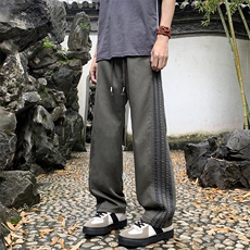 夏款男裤三条杠条纹松紧腰宽松直筒长裤h480P40，男装休闲裤，星座1013-1