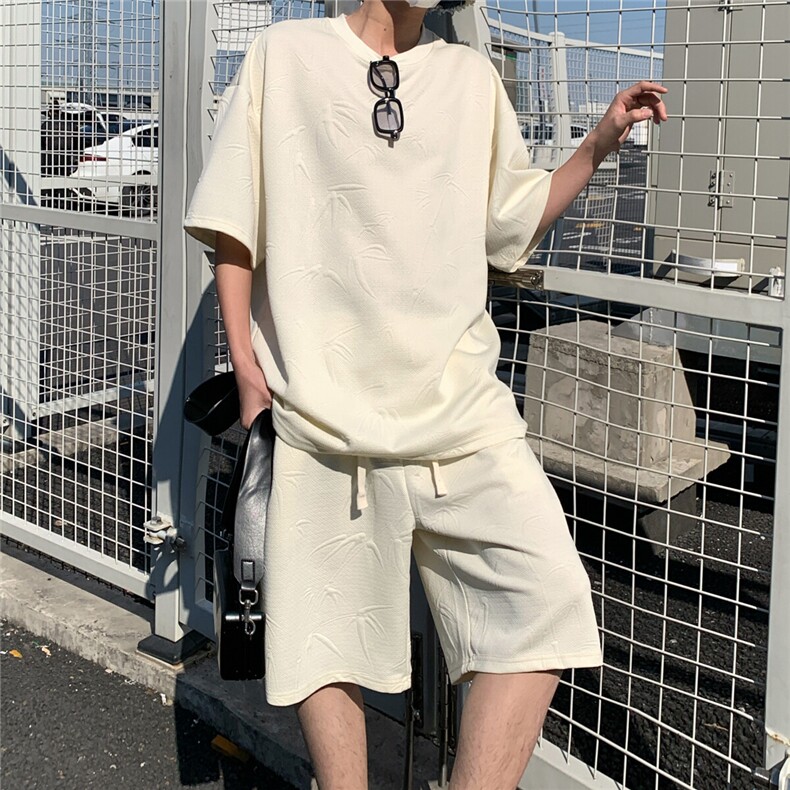 夏装短袖T恤短裤情侣套装宽松竹子提花休闲运动套装TZ866-特P50,男装T恤,电商A006