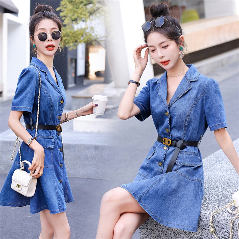 （现货）2025夏装新款时尚休闲西装领短袖薄牛仔短裙（配腰带），女装连衣裙，印象茜