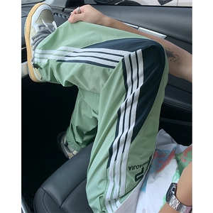 特批P33无差价夏季美式冰丝三条杠拖地裤直筒抽绳阔腿长裤男K1436图片