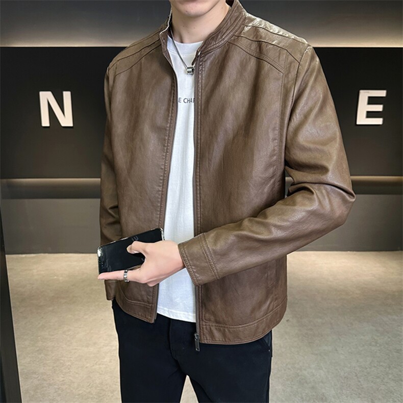 秋季2025新款美式潮牌皮衣外套男立领皮夹克上衣A313-25113-P145，男装皮衣，电商A313