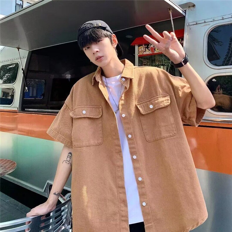 牛仔短袖衬衫男生韩版潮流ins情侣半袖外套痞帅潮牌夏季2025衬衣，男装衬衫，星座506A