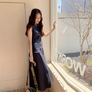 蓝色法式复古简约连衣裙女中长款2025夏新款宽松遮肉设计感背心裙图片