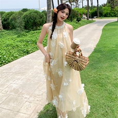新品法式重工立体花挂脖连衣裙2599-P135-K208，女装连衣裙，2C159
