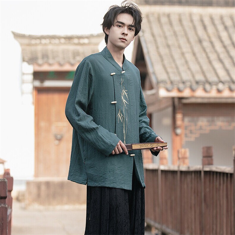 新中式（折枝金竹）棉麻混纺绣花木头扣大码宽松长袖衬衫男女款,男装衬衫,星座305A（原312A-1）
