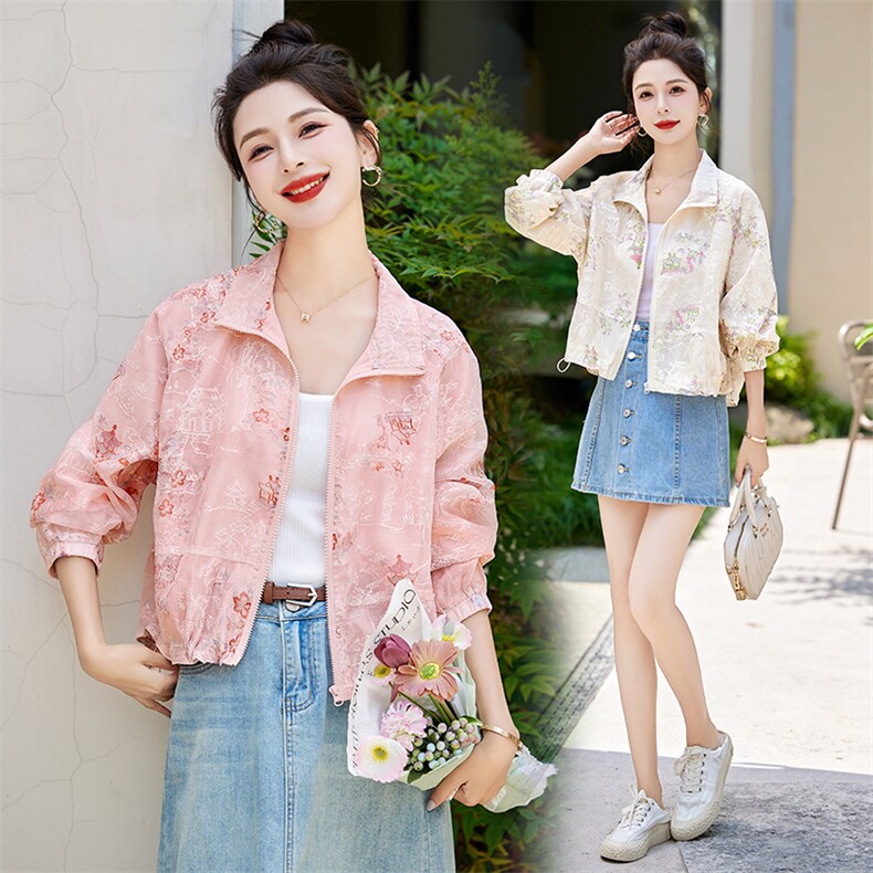 现货轻薄刺绣防晒衣女夏薄款宽松新款小个子时尚新中式外套防晒衣，女装防晒衣，韩美纤衣