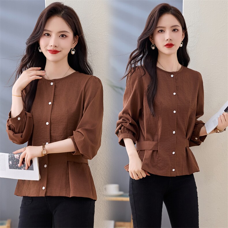 特惠秋季新款女装韩版显瘦收腰设计感长袖气质圆领时尚女式T恤ZH，女装衬衫，臻衣坊