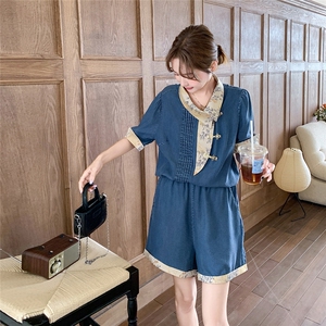 新中式国风牛仔盘扣上衣短裤两件套女2025年夏季新款减龄气质穿搭图片