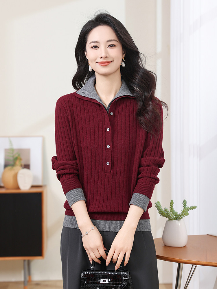 现货bao现货2025春秋双层领毛衣女士套头长袖纯羊毛打底针织衬衫,商品下架区,韩然一族