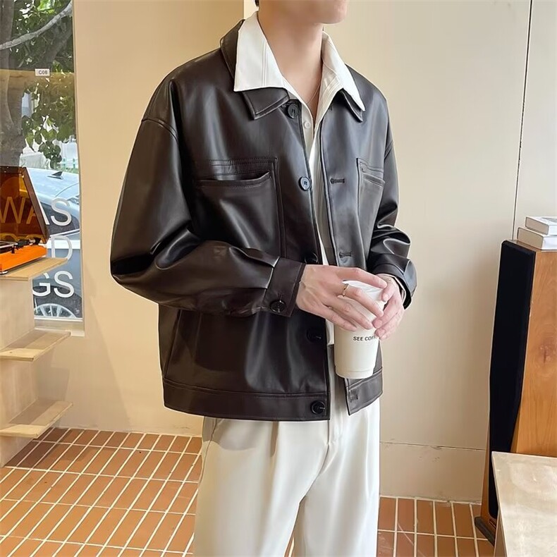 秋款男皮衣工装大口袋单排扣皮夹克休闲外套J15P65,男装夹克,星座1013-1