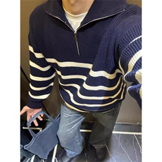 1506-1/ZS501/P50半拉链条纹毛衣男立领秋冬新款慵懒高级感宽松，男装针织衫/毛衣，星座1506-1