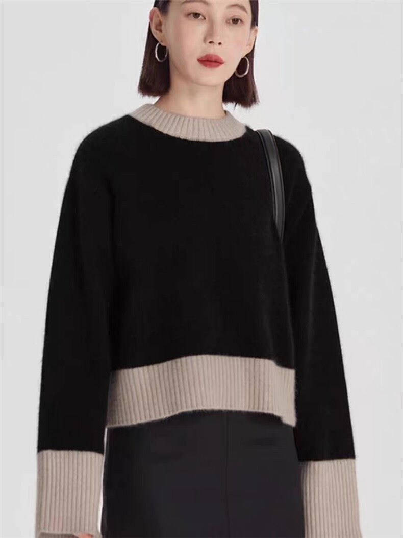 时尚拼接撞色羊毛衫女2024秋冬新款高领宽松显瘦毛衣，女装羊毛衫，旭驰羊绒