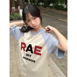 抖音得物品质二开240克宽松纯棉美式潮牌插肩三杠织带短袖T恤图片