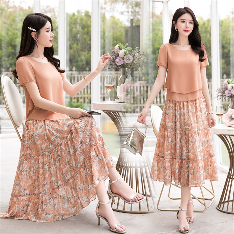 夏装连衣裙夏季新款中年女士小个子洋气气质时尚雪纺两件套装裙子，女装套装/套裙，牡丹诺