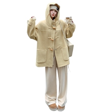 现货！韩系减龄连帽牛角扣羊毛大衣外套女2C325-562P275K398，女装毛呢外套，2C325
