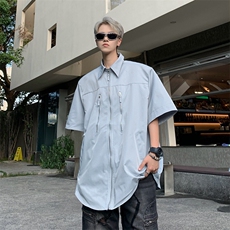美式复古夏季设计感宽松工装短袖衬衫男女多拉链cleanfit半袖衬衣，男装T恤，星座1210-1