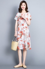 优雅舒适时尚气质连衣裙圆领中腰2021年夏季韩版短袖，女装连衣裙，小林双子