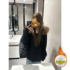 480G重磅加绒硬挺boxy秋冬美式高街超大毛领座山雕连帽卫衣厚外套，女装短外套，电商A486-1