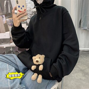 2021冬季新港风海报大码男女送小熊加绒加厚网红连帽卫衣W5205P55图片