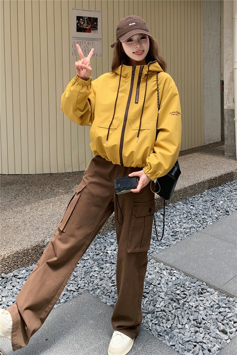 现货现货！！2025秋季新款撞色连帽外套洋气减龄百搭小个子夹克,女装短外套,2C306