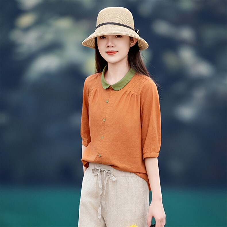 2026年夏季女短袖宽松常规汉麻文艺风,女装衬衫,江南依恋